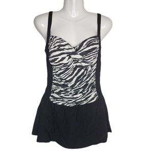 A&H Sportswear One Piece Swimsuit Swim Dress 14 Black White Silver Padded